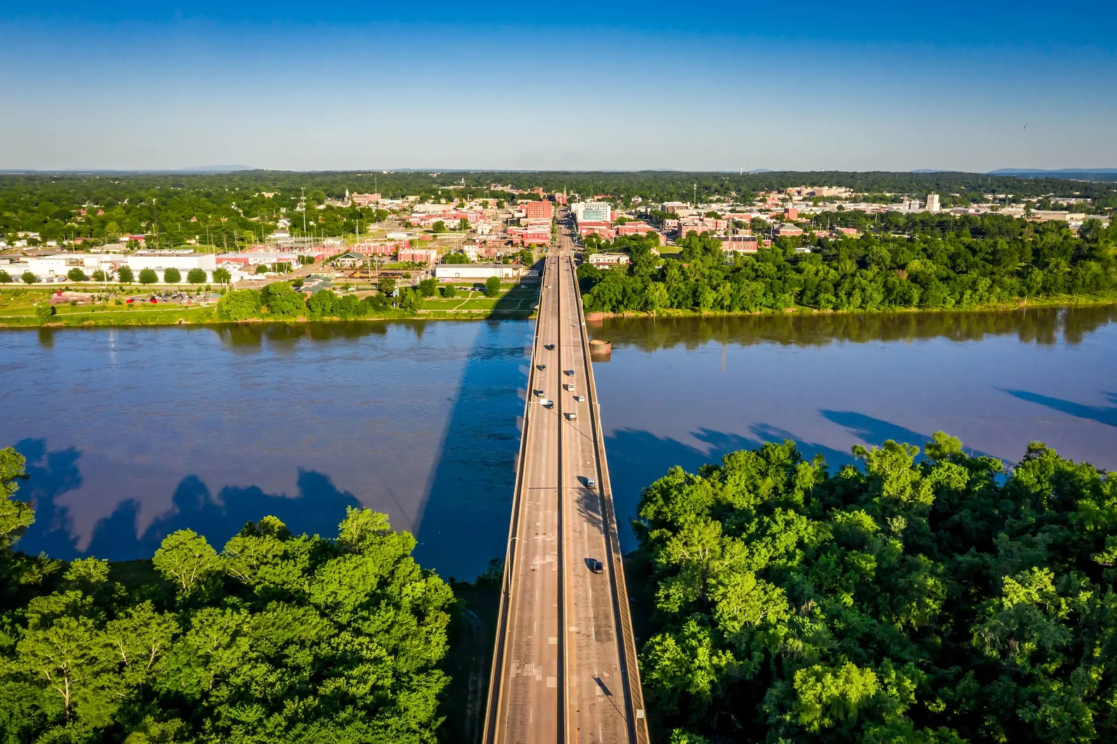 Aerial view of the Arkansas River bridge into downtown Fort Smith, Arkansas